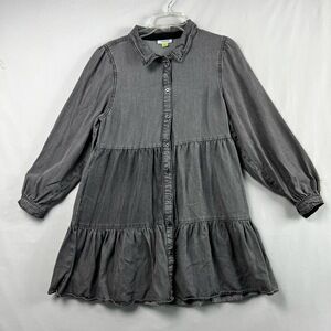 Serra Dress Womens Medium Tunic Shift Chambray Button Up Tiered Gray Soft Drape